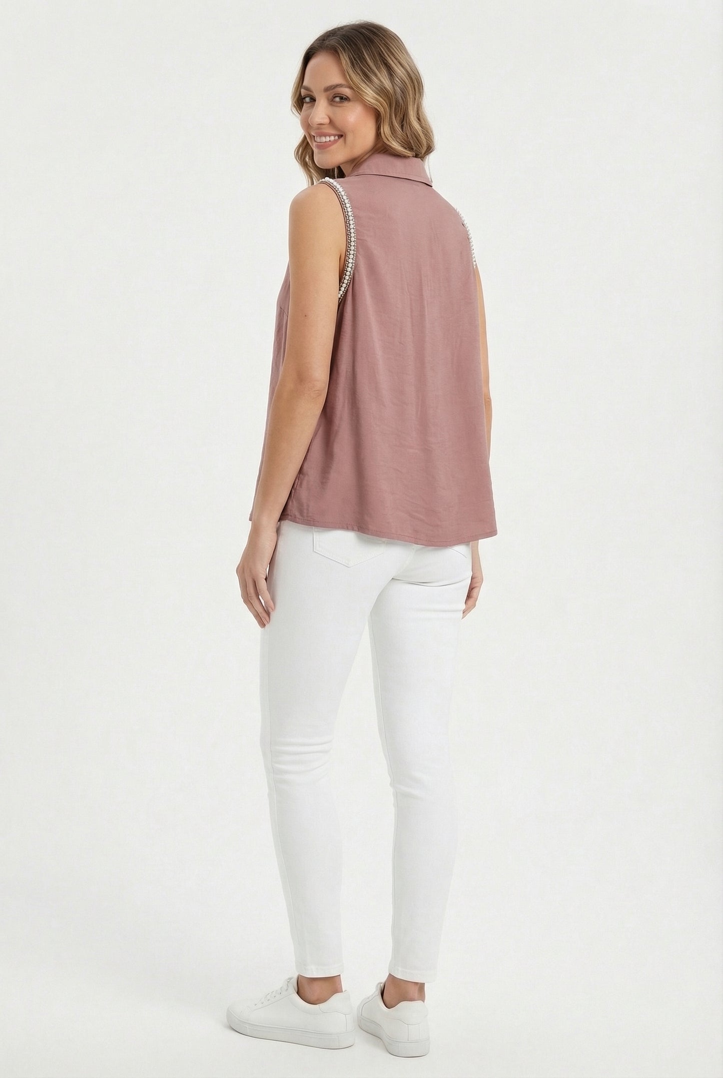 Women's Love & Piece Sleeveless Button-Down Top with Bead Trim