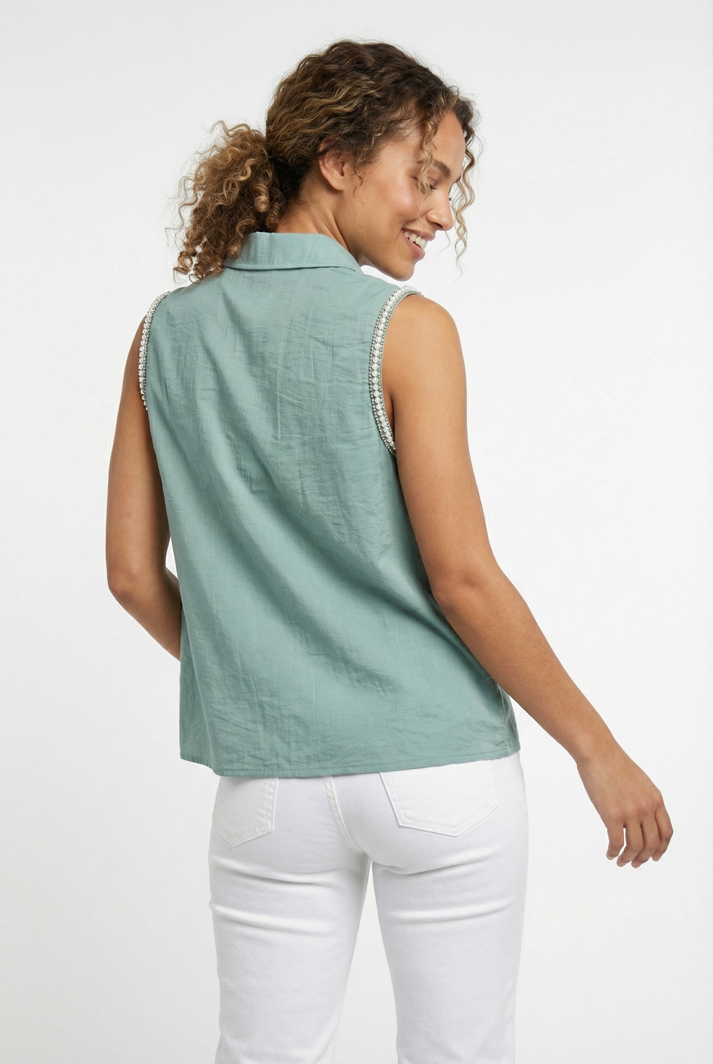 Women's Love & Piece Sleeveless Button-Down Top with Bead Trim