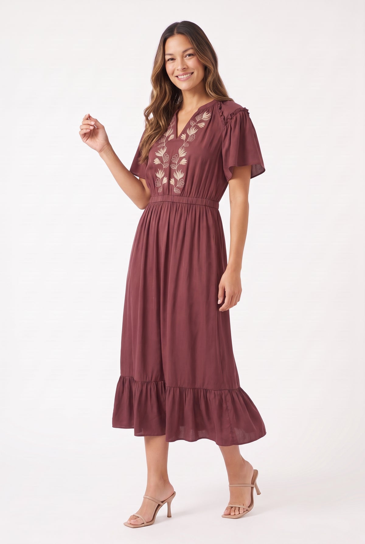 Women's Figueroa & Flower Embroidered V-Neck Midi Dress with Ruffle Hem