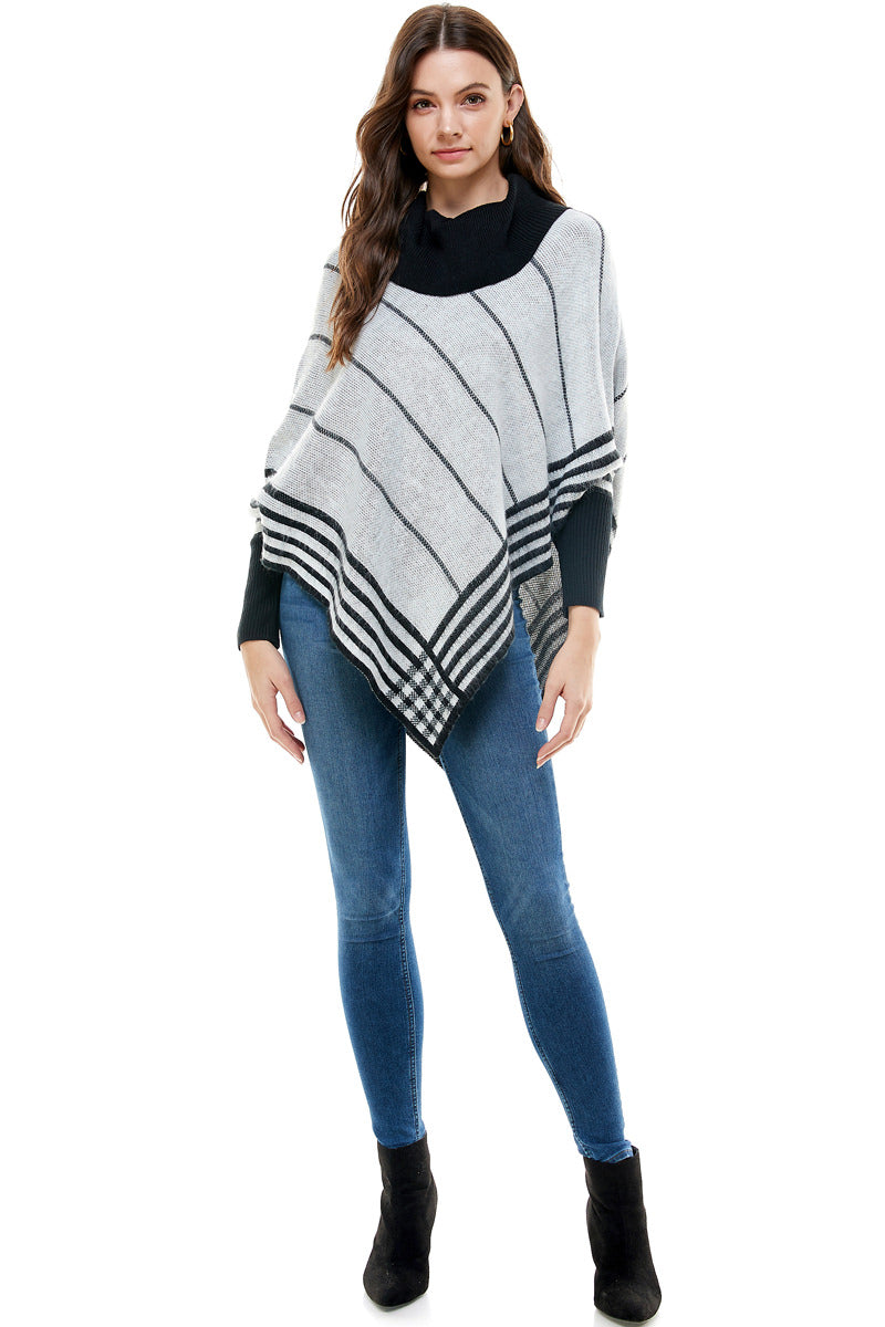 Amelia Relaxed Turtleneck Striped Poncho Sweater