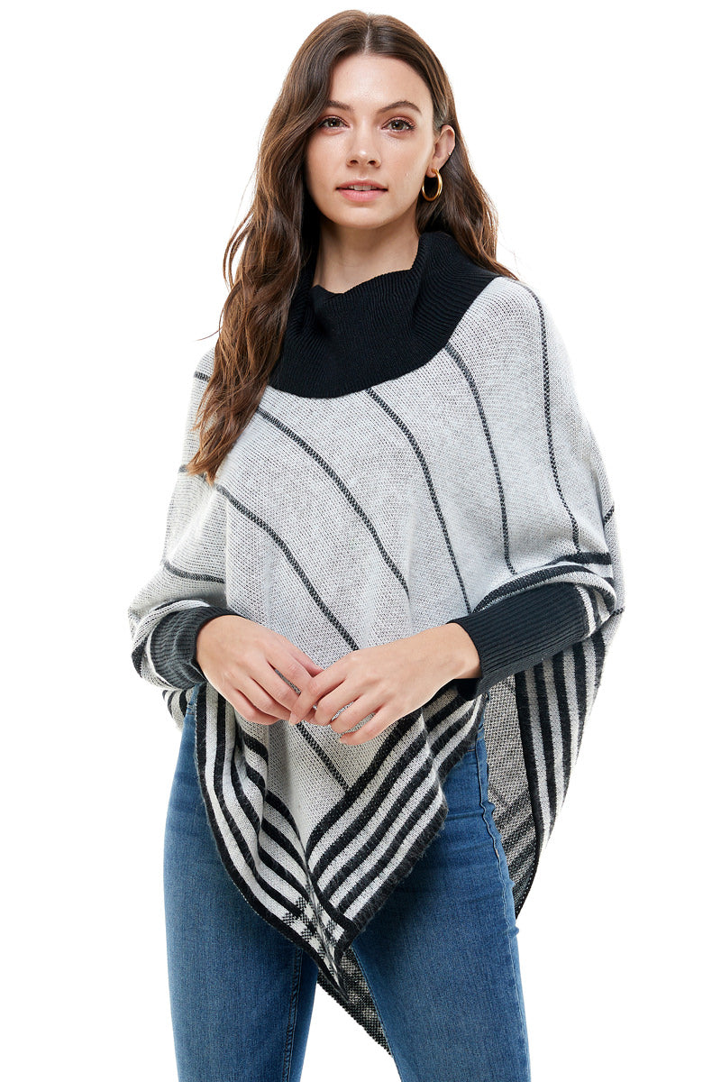 Amelia Relaxed Turtleneck Striped Poncho Sweater