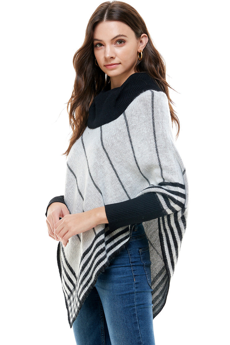 Amelia Relaxed Turtleneck Striped Poncho Sweater