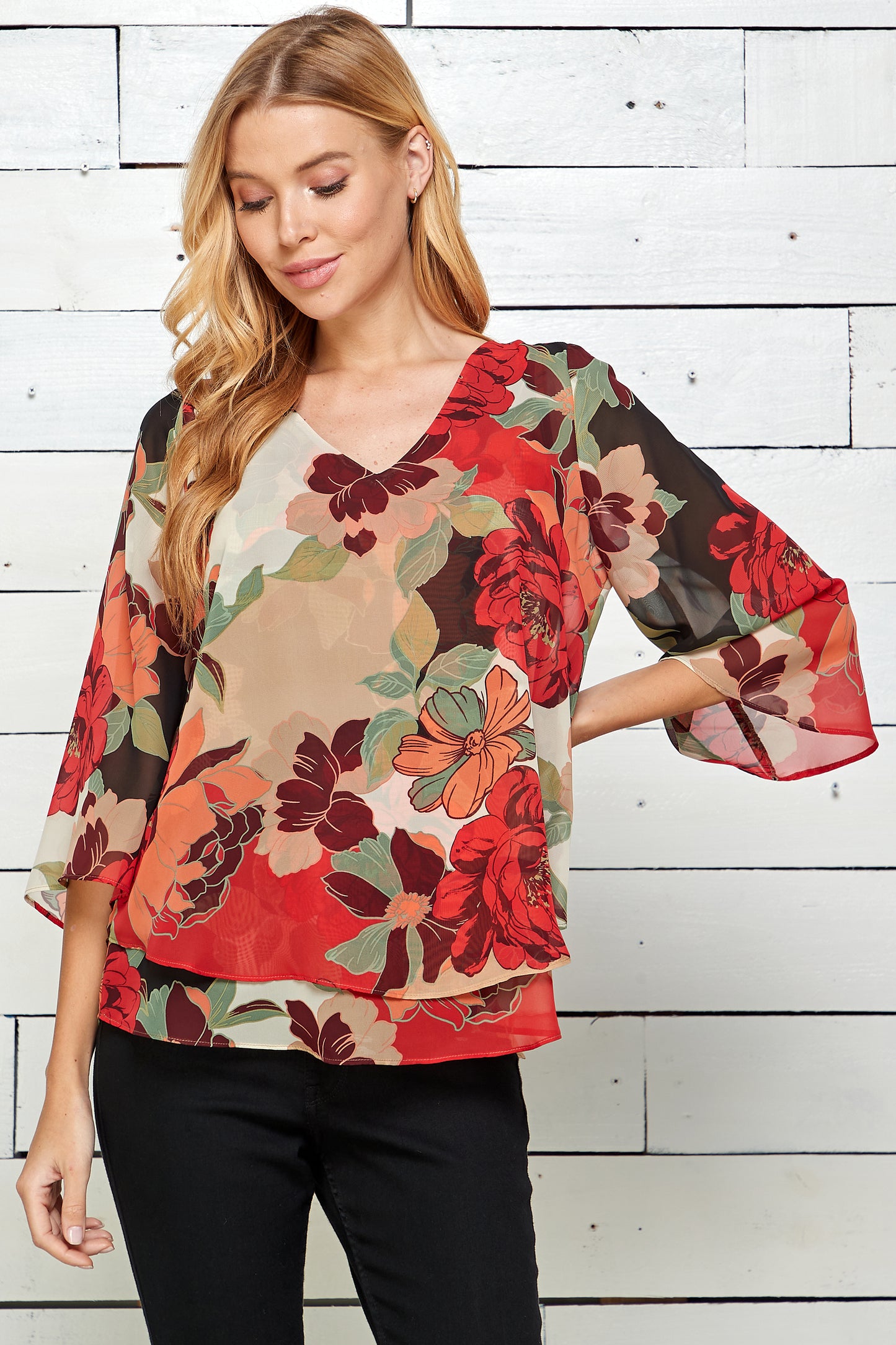 Three Quarter Sleeve V-Neck Double Layer Top