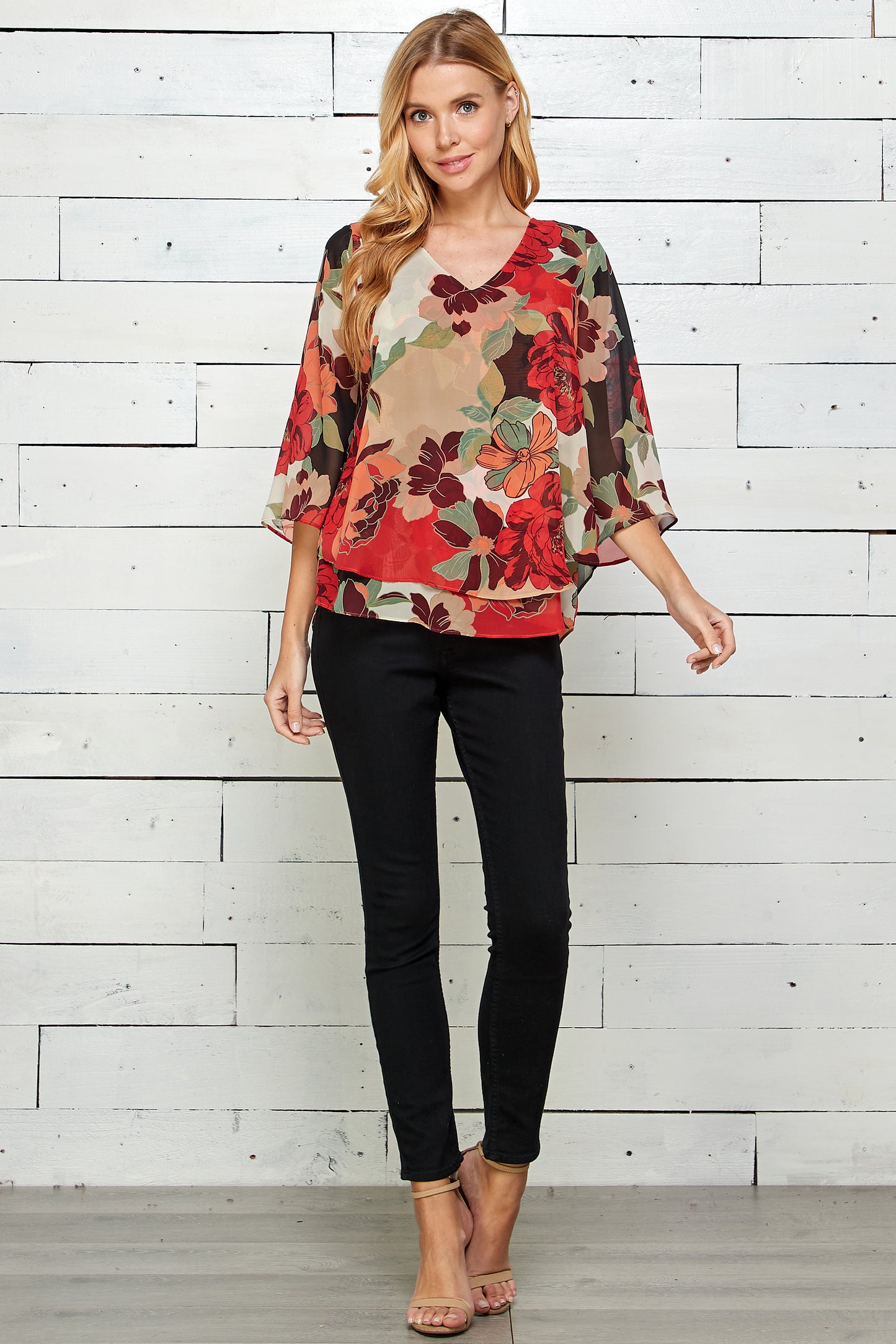 Three Quarter Sleeve V-Neck Double Layer Top