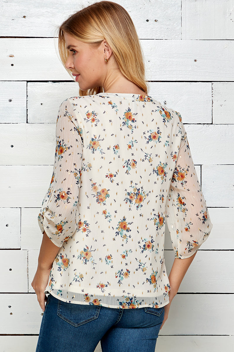 Three Quarter Ruched Button Tab Sleeve Popover