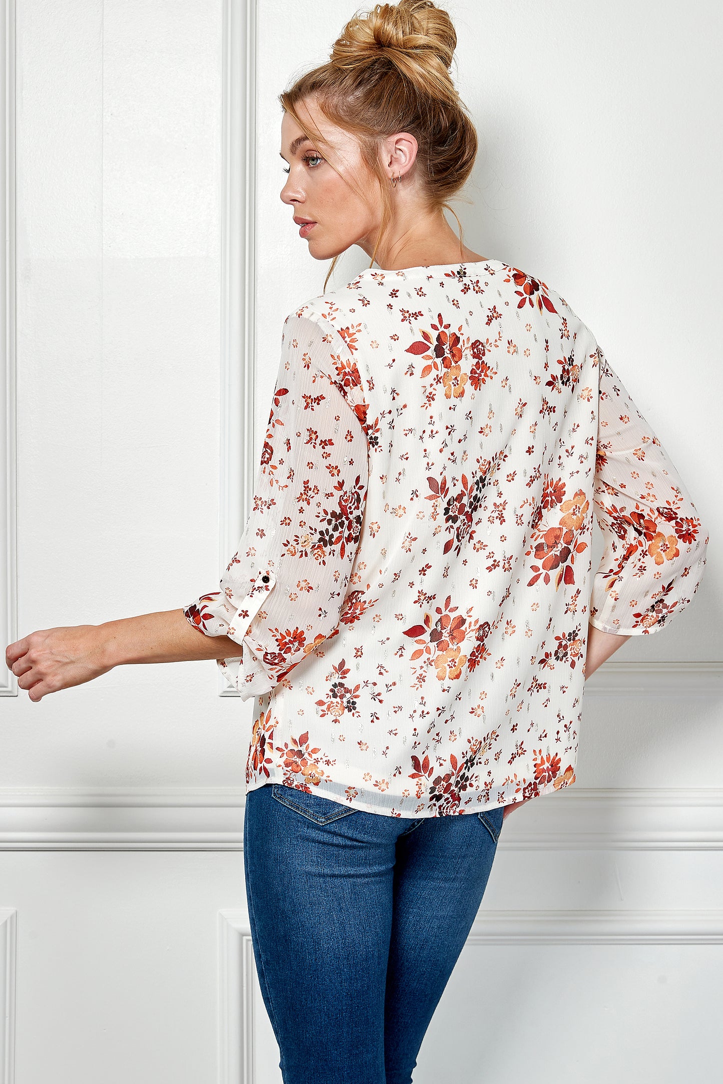 Three Quarter Ruched Button Tab Sleeve Popover