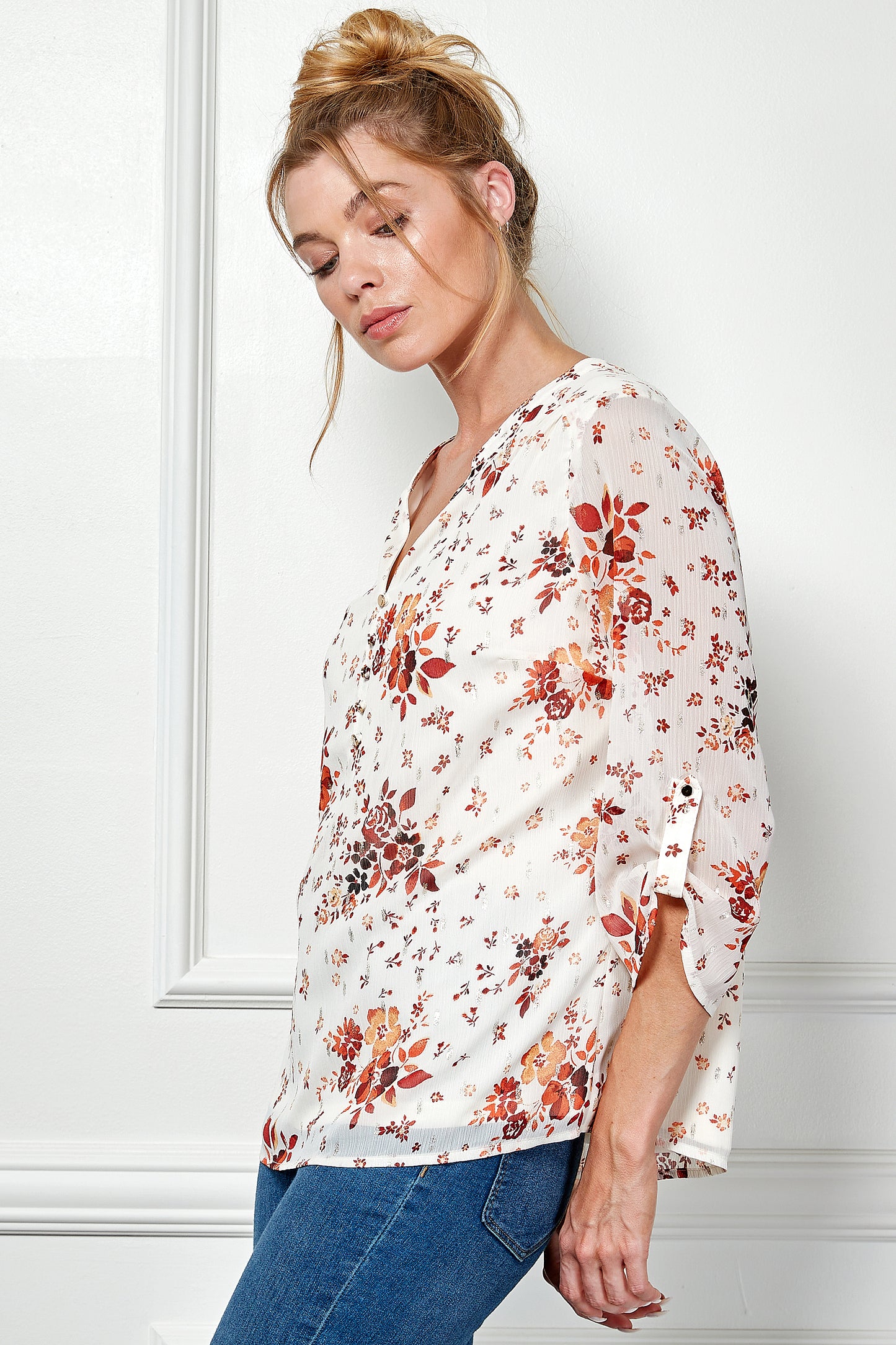 Three Quarter Ruched Button Tab Sleeve Popover