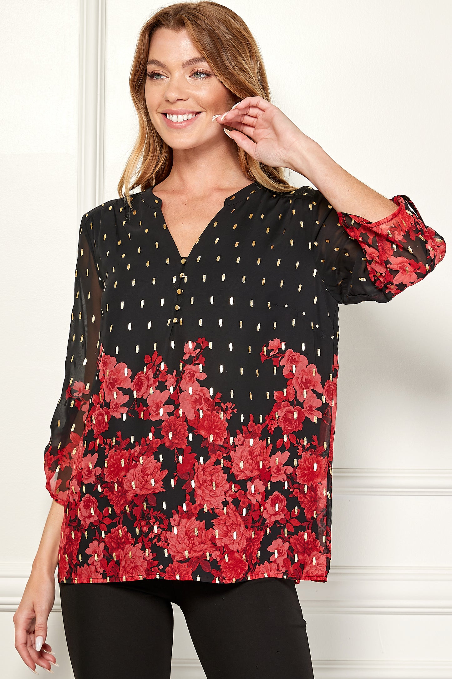 Three Quarter Button Tab Sleeve Modern Collar Popover Top