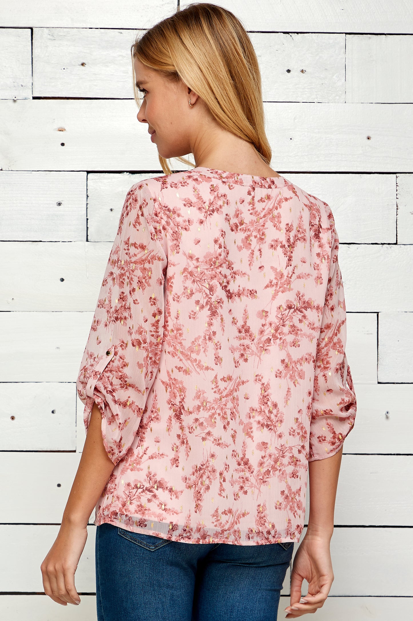 Three Quarter Ruched Button Tab Sleeve Popover