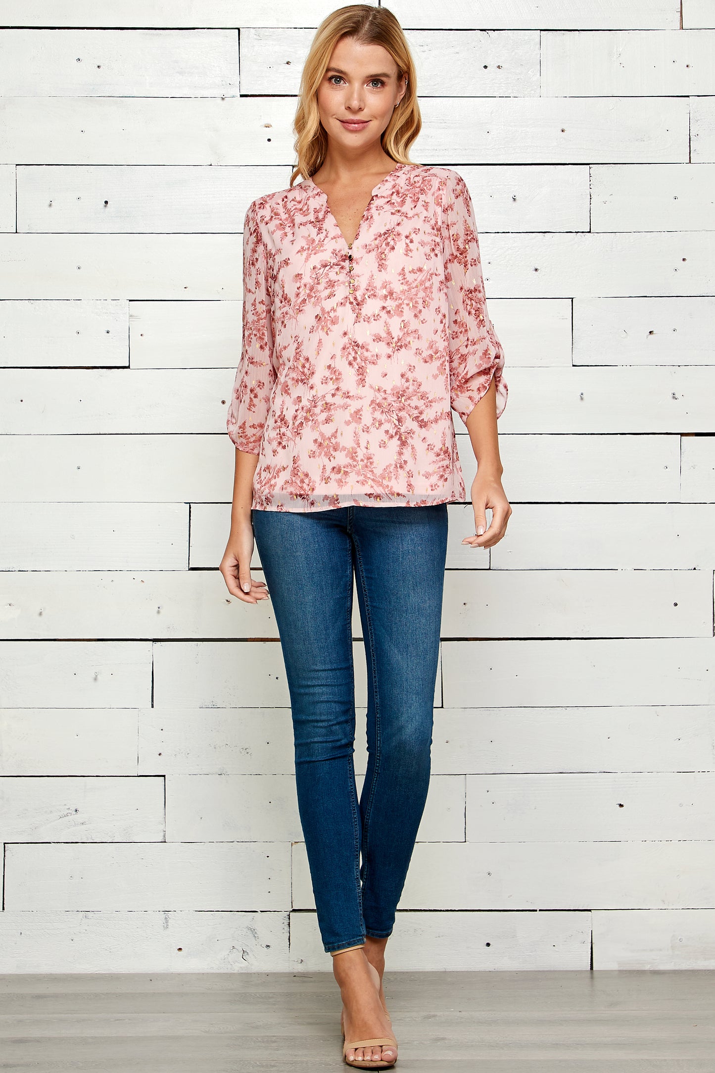 Three Quarter Ruched Button Tab Sleeve Popover
