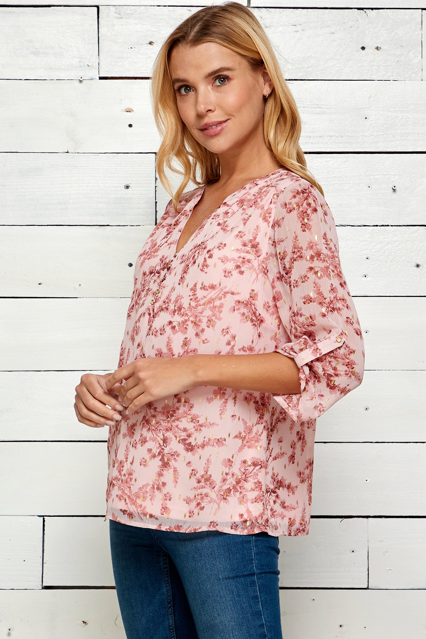Three Quarter Ruched Button Tab Sleeve Popover