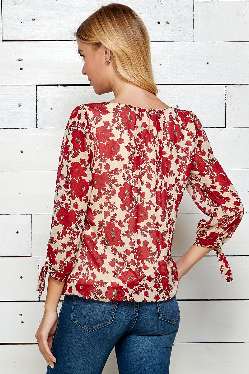 Three Quarter Wide Tie Sleeve Scoop Neck Button Back