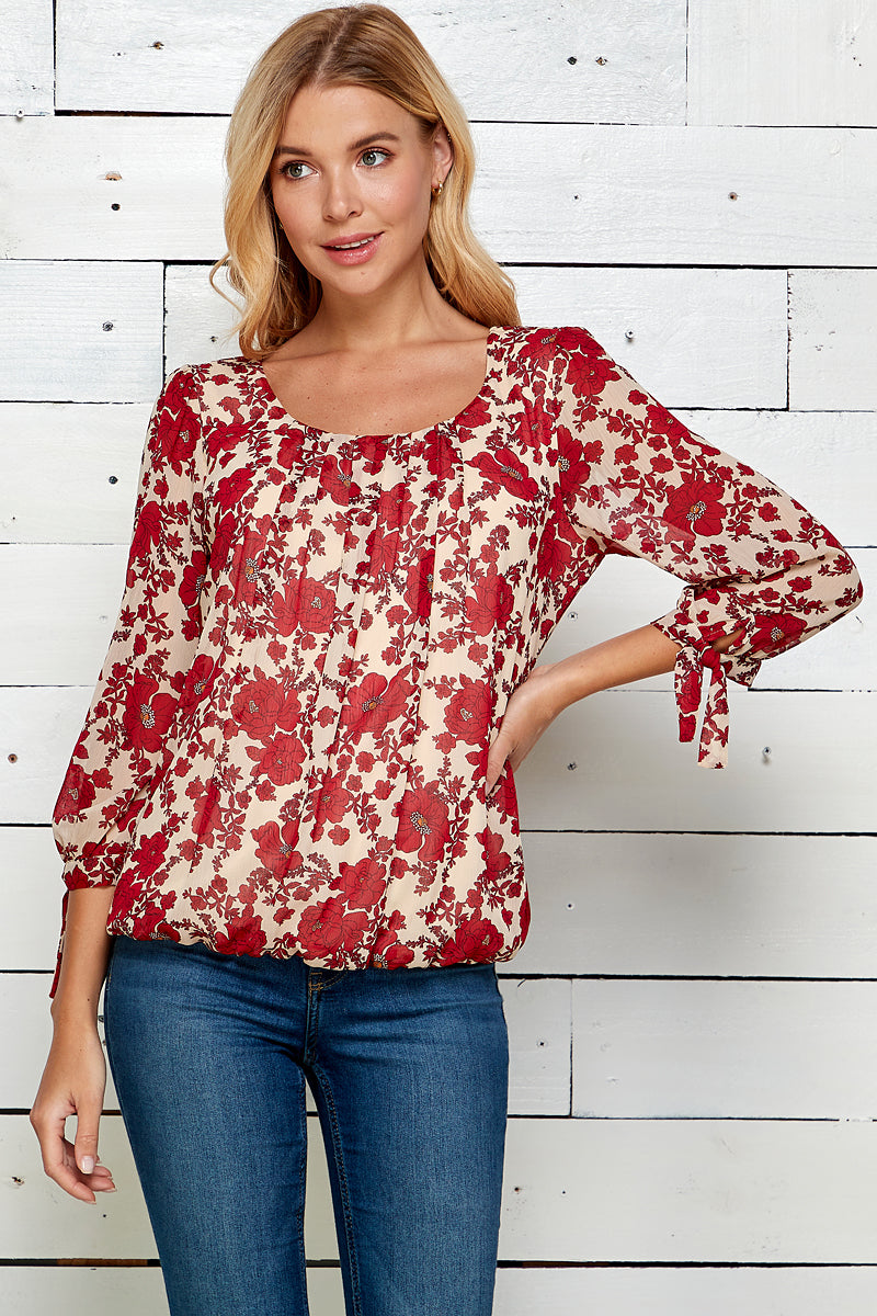 Three Quarter Wide Tie Sleeve Scoop Neck Button Back