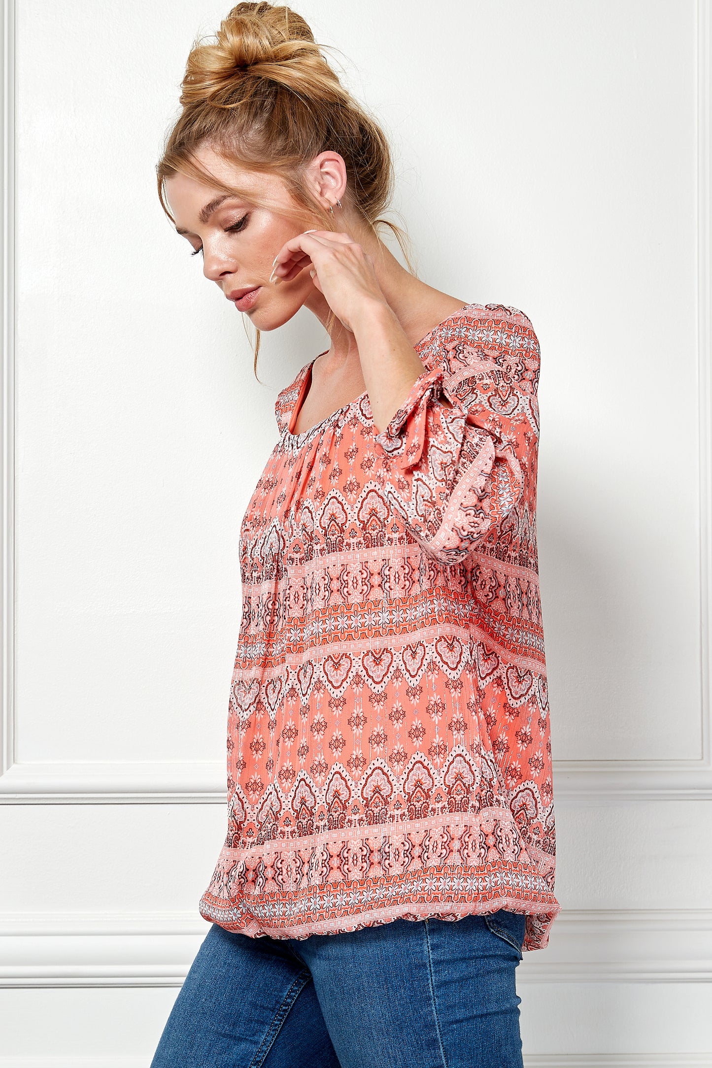 Three Quarter Tie Sleeve Bubble Top