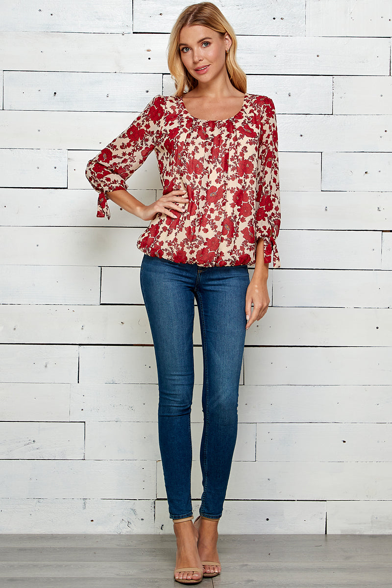 Three Quarter Wide Tie Sleeve Scoop Neck Button Back
