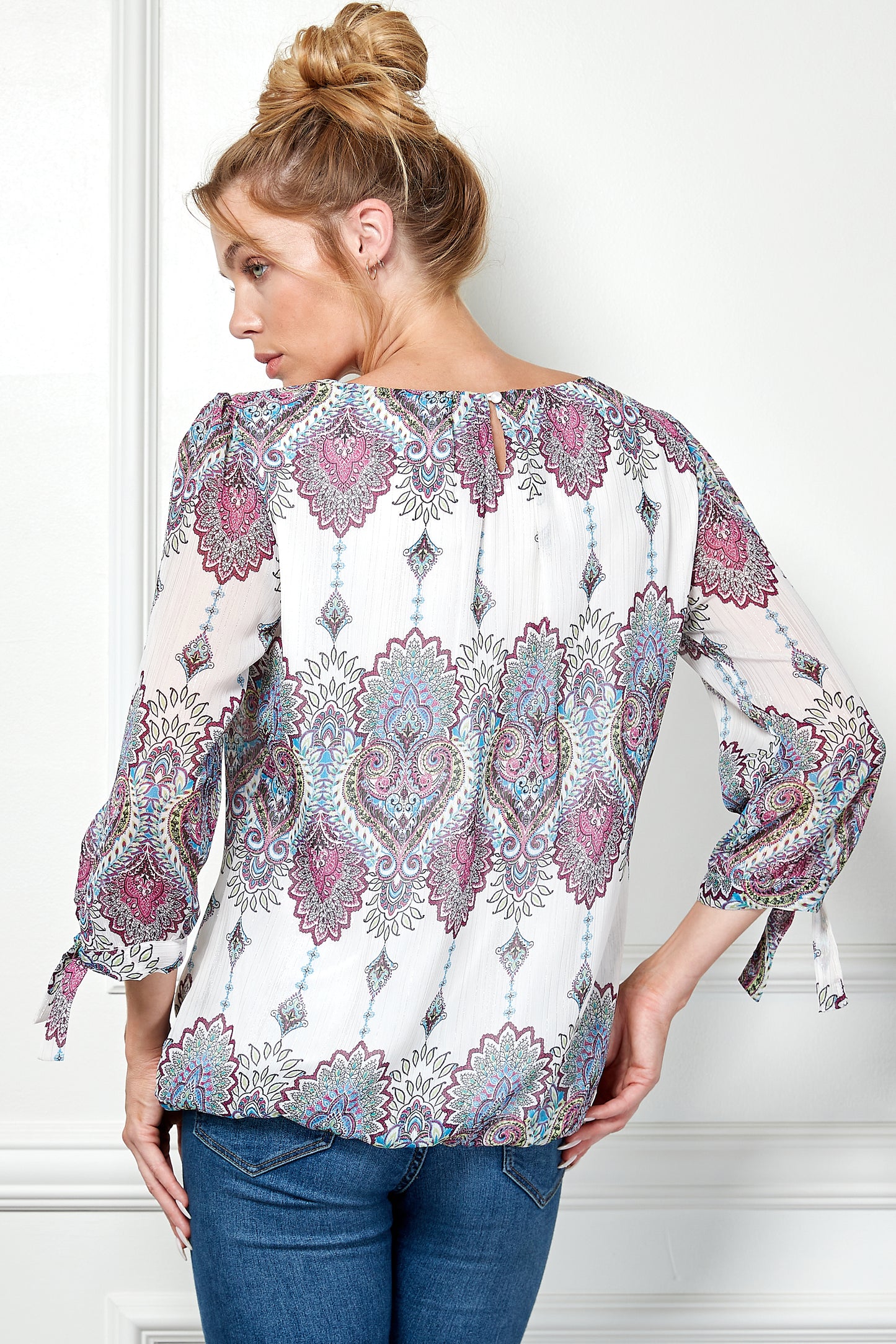 Three Quarter Tie Sleeve Bubble Top
