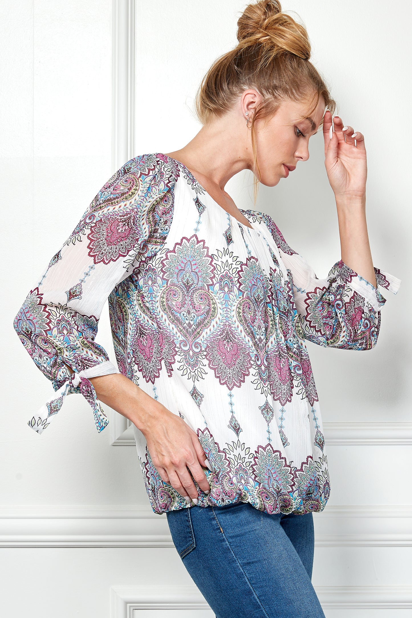 Three Quarter Tie Sleeve Bubble Top