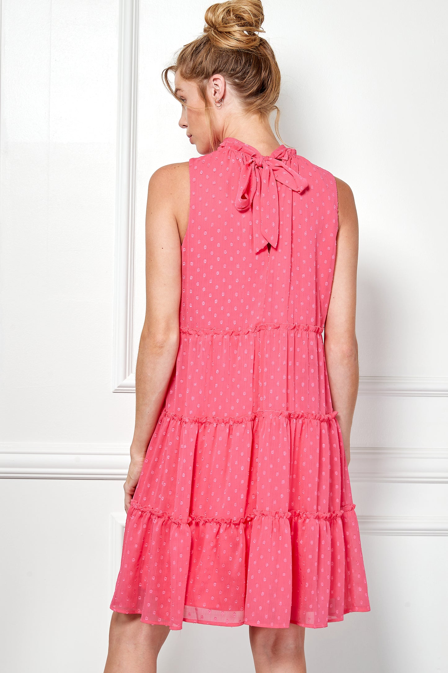 Sleeveless Three Tier Tie Back Ruffle Neck Dress