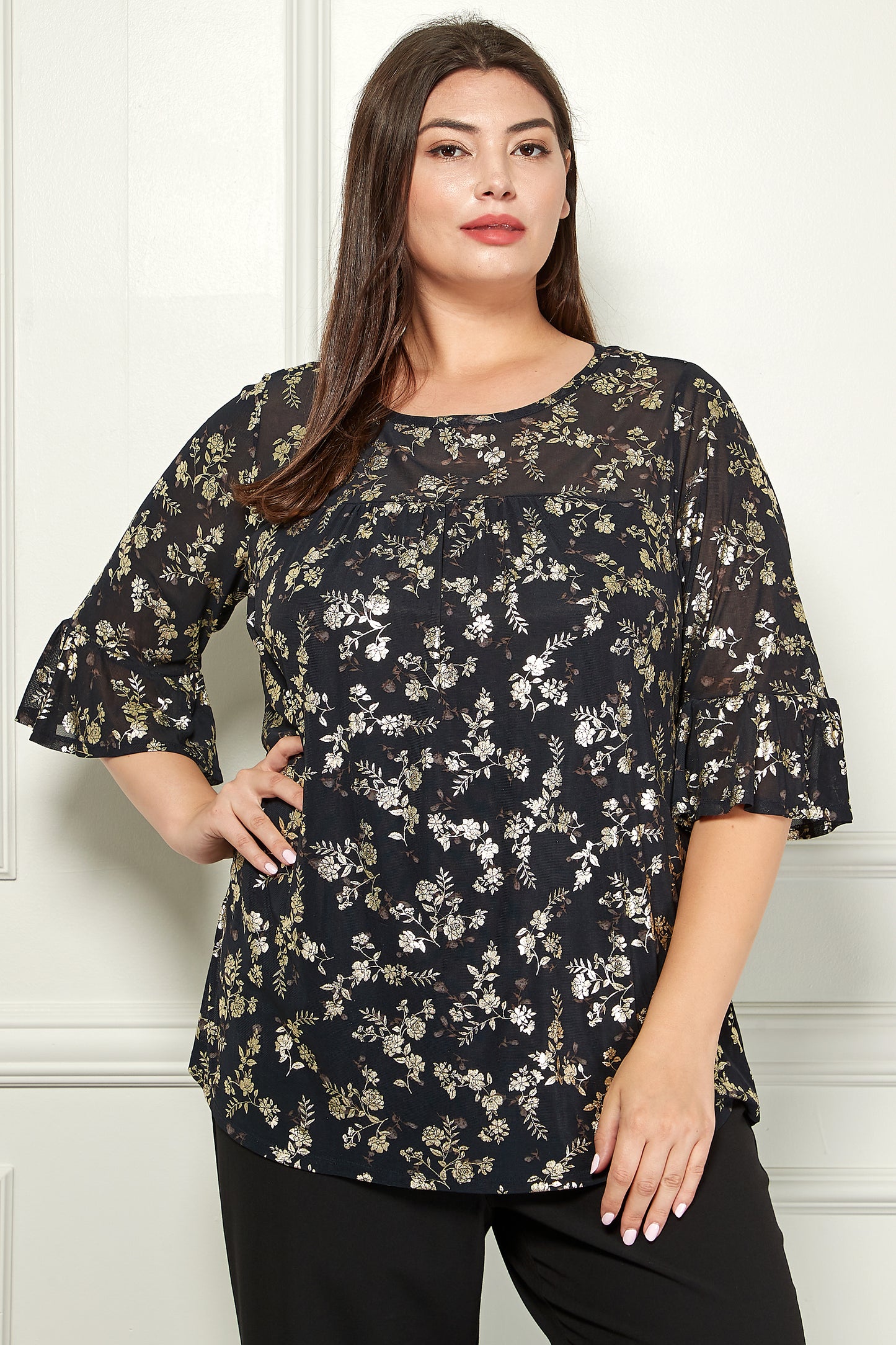 Plus Elbow Ruffle Sleeve Popover Top