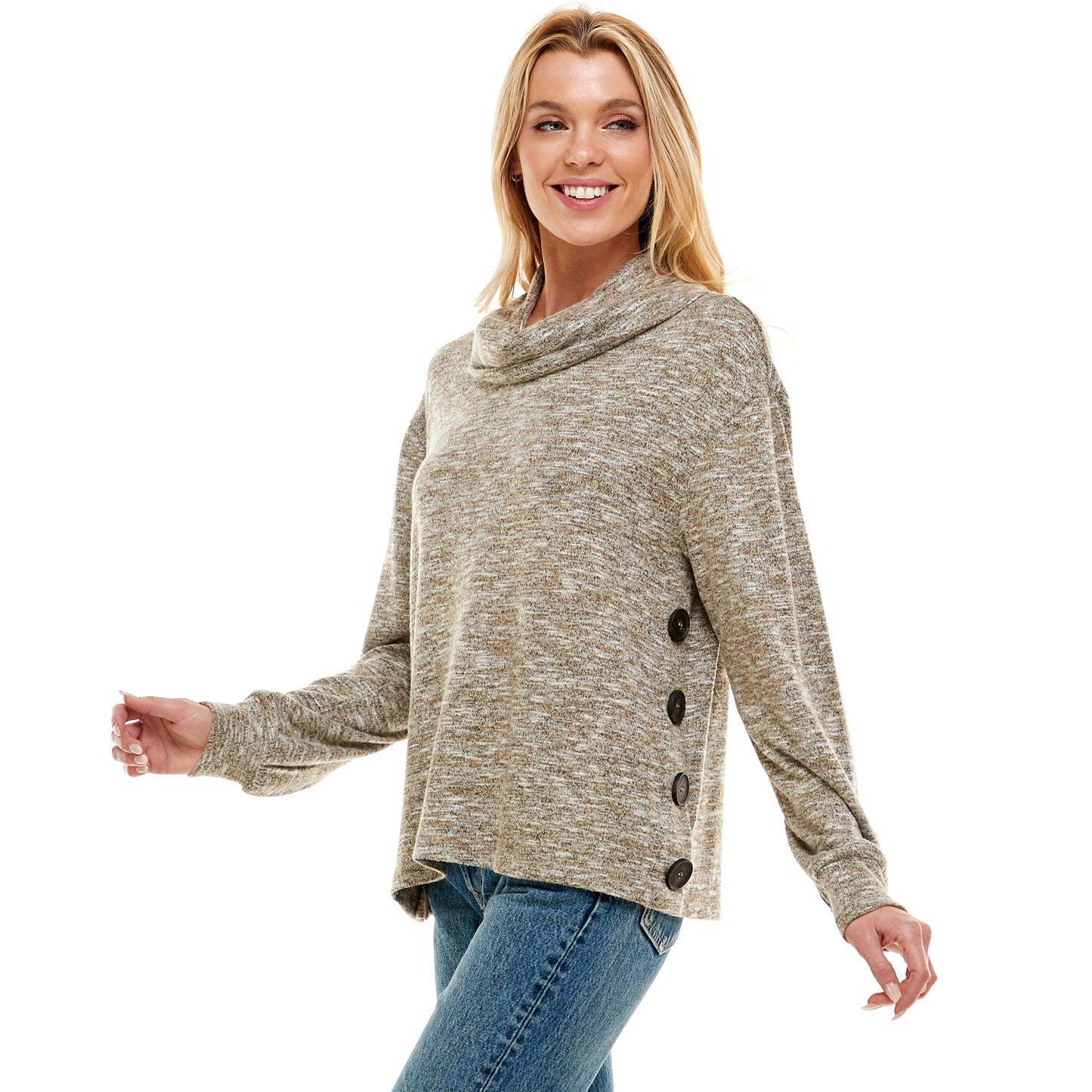 Long Sleeve Button Side Cowl Neck