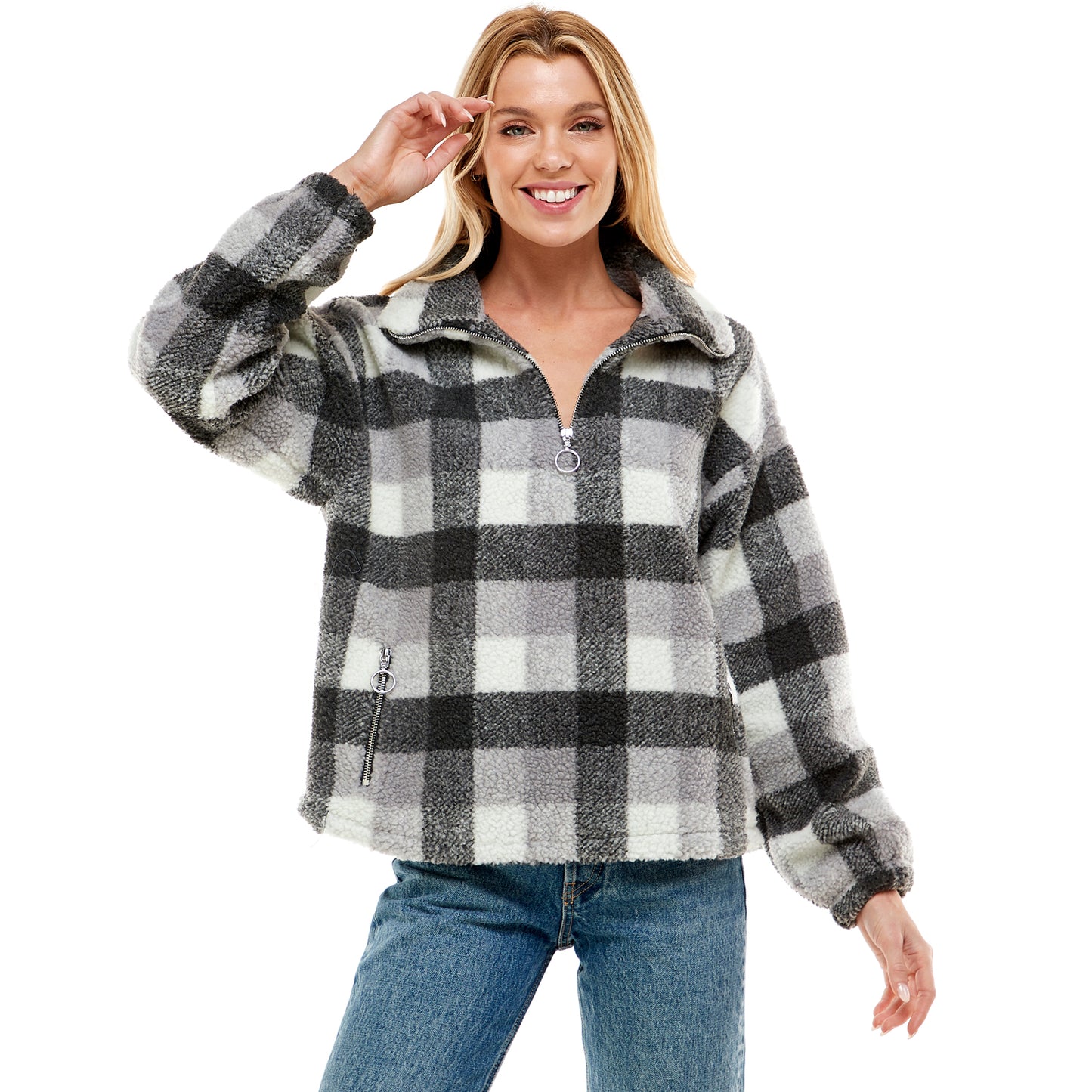 Checker Print Sherpa Pullover