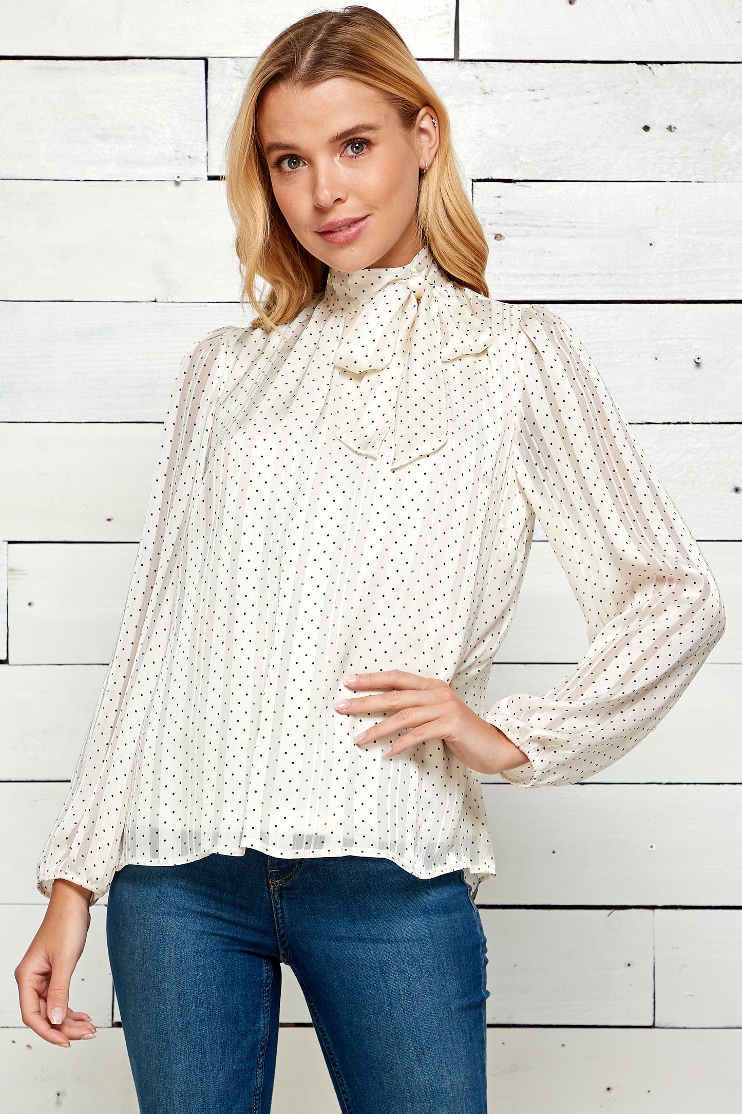 Long Sleeve Tie Neck Lined Top