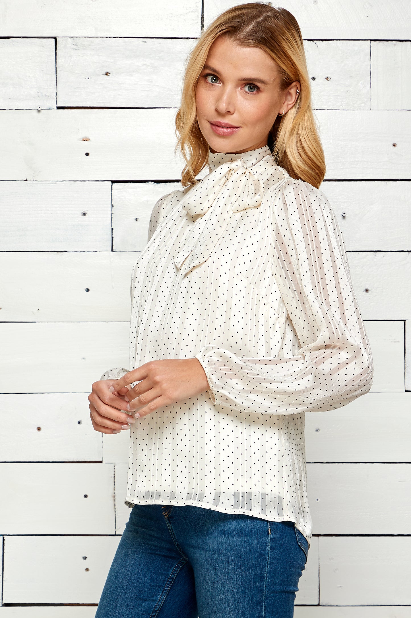 Long Sleeve Tie Neck Lined Top