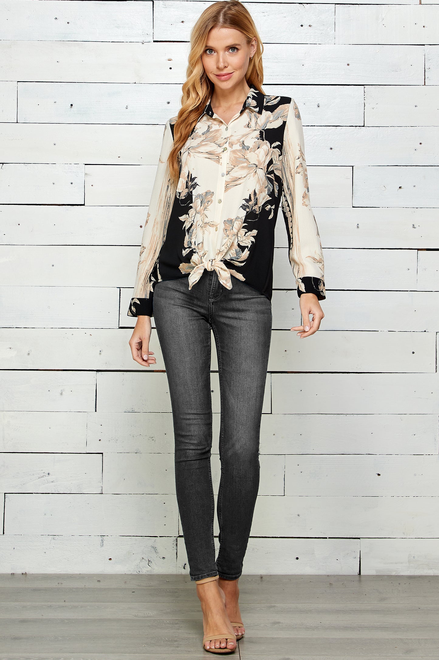 Long Sleeve Tie Bottom Button Front Shirt
