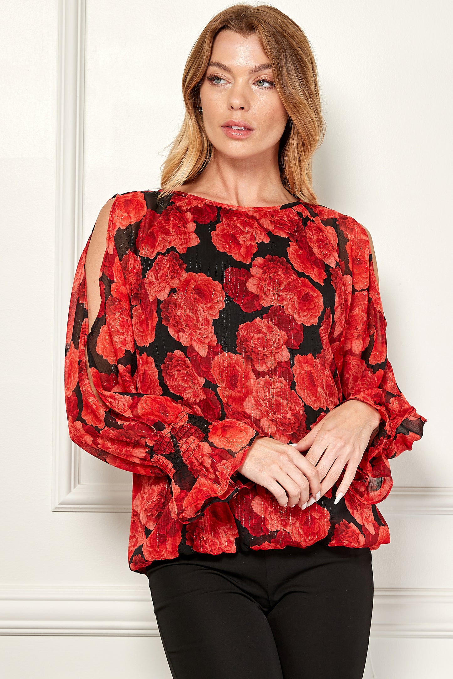 Ruffle Long Sleeve Cold Shoulders Bubble Top