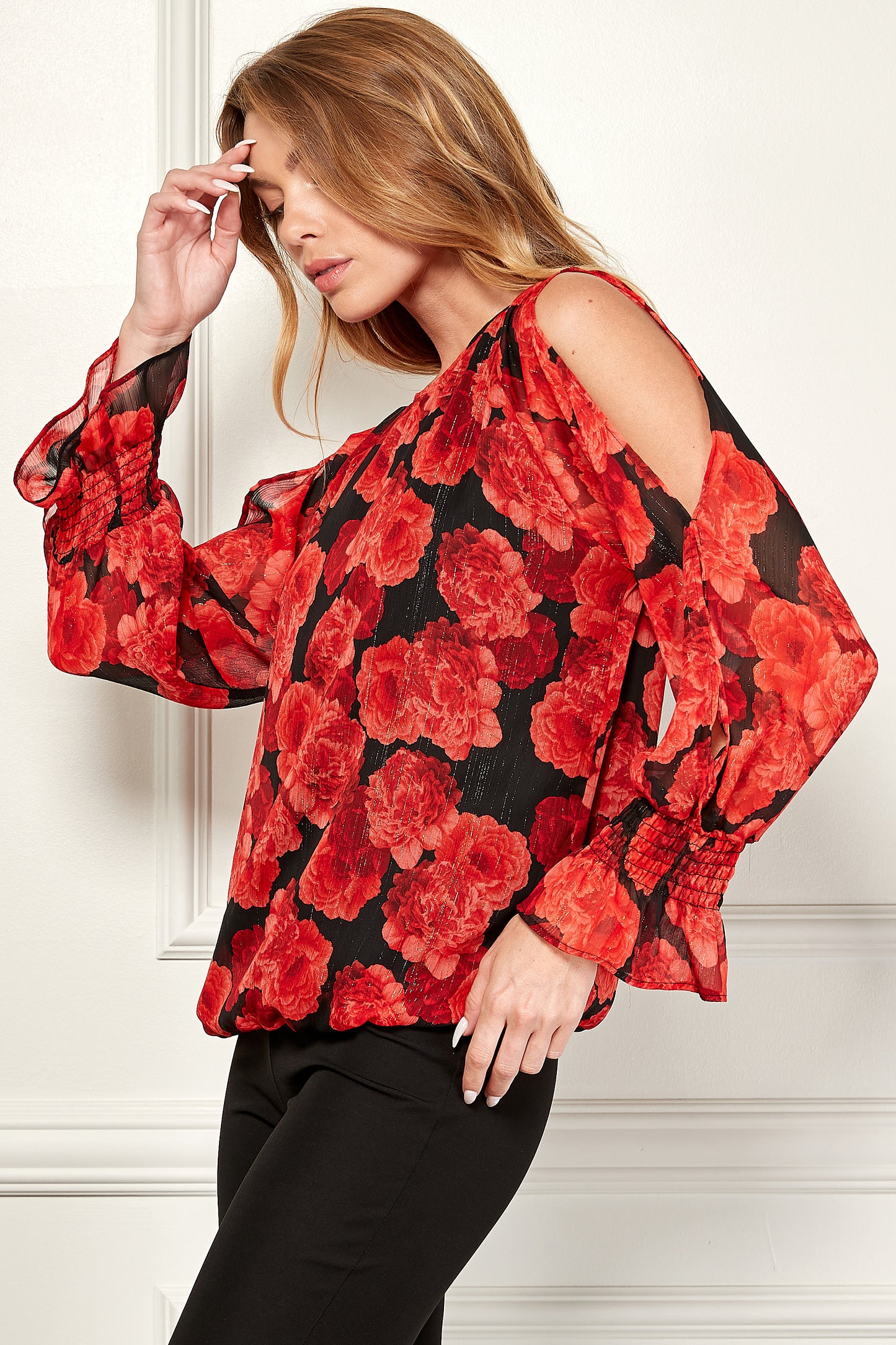 Ruffle Long Sleeve Cold Shoulders Bubble Top