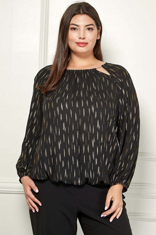 Plus Long Sleeve V-Chain Trim Cutout Bubble Top