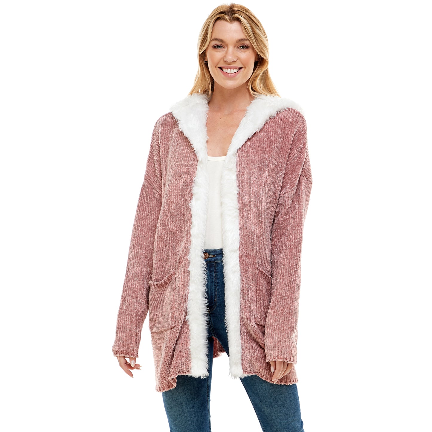 Cardigan Sweater With Hood And Fur Trim