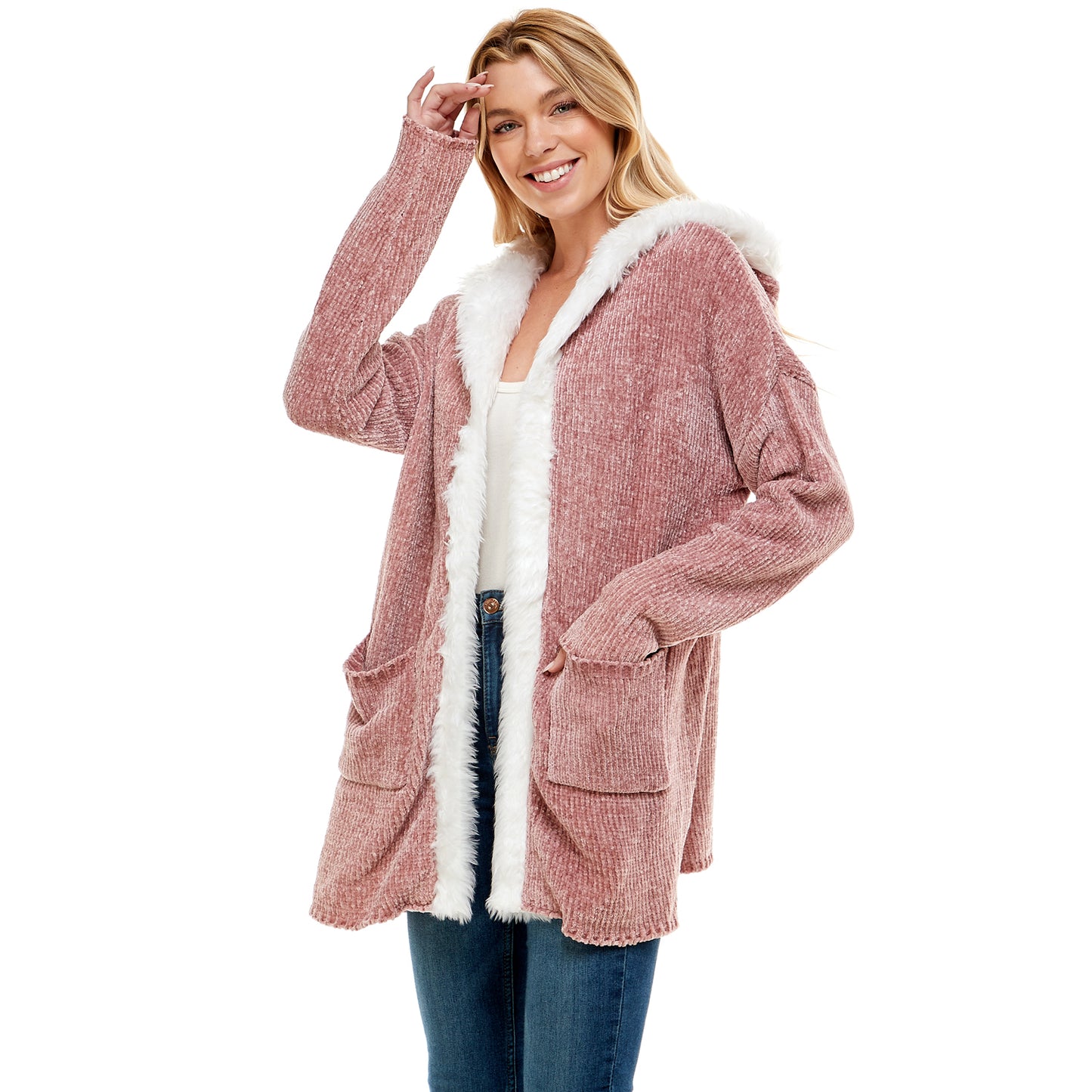 Cardigan Sweater With Hood And Fur Trim