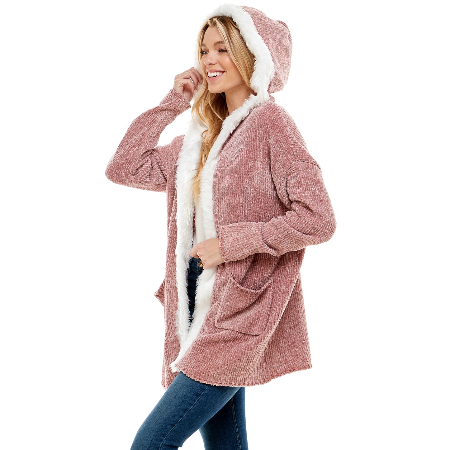 Cardigan Sweater With Hood And Fur Trim