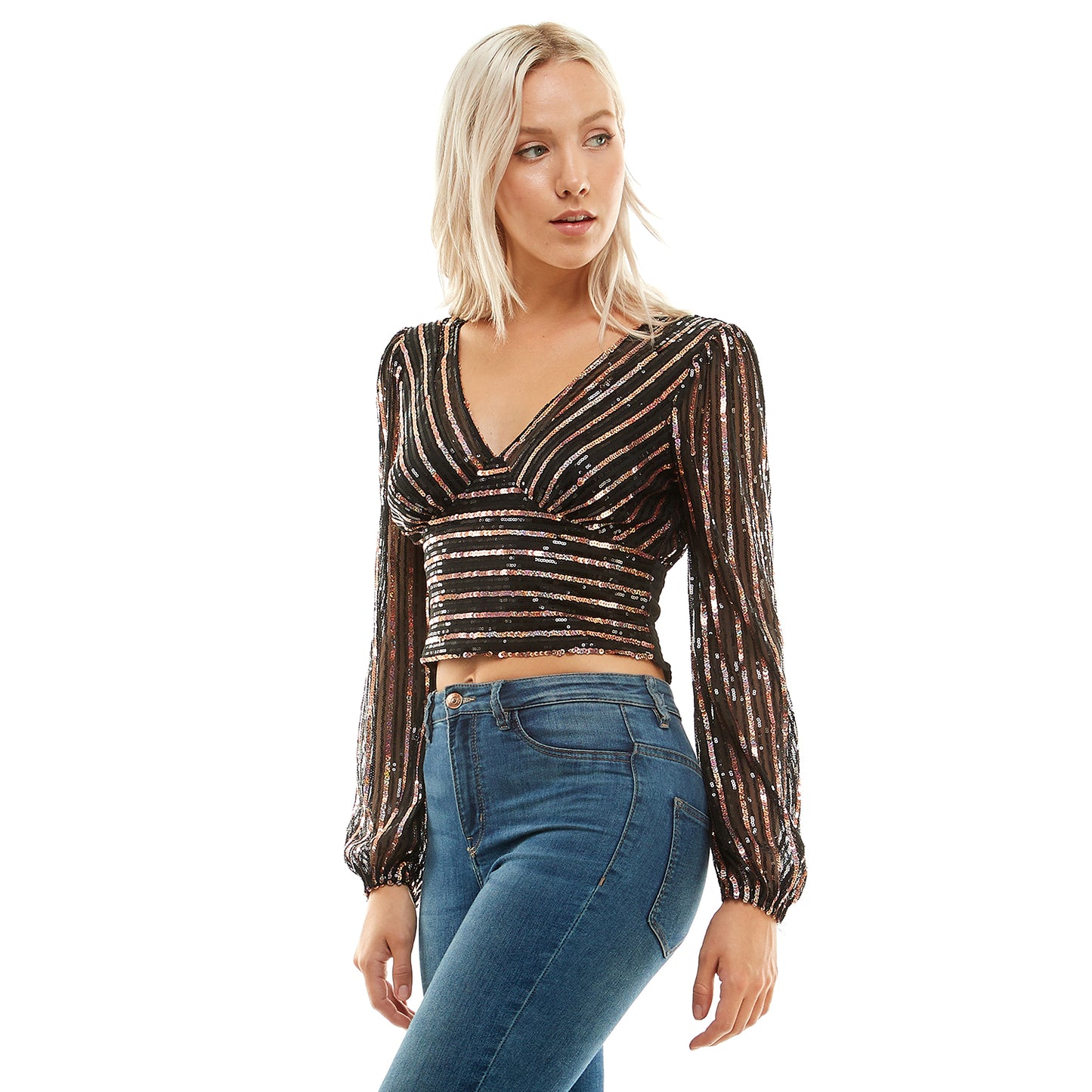 Cropped Long Sleeve Striped Sequin V-Neck