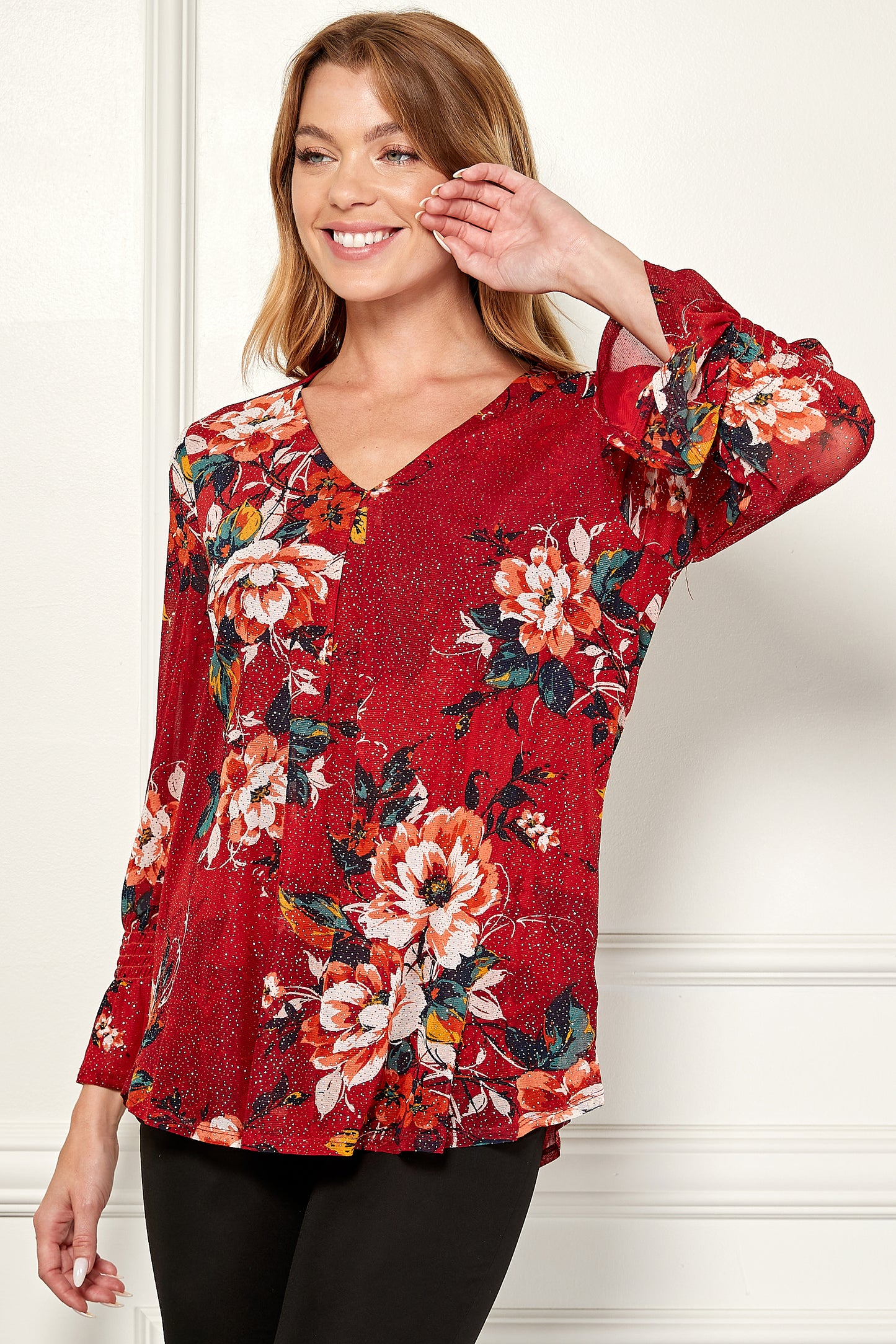 Ruffle Long Sleeve V-Neck Popover Top