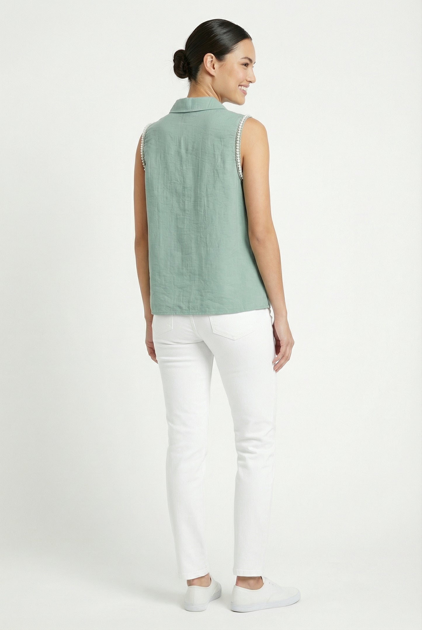 Women's Love & Piece Sleeveless Button-Down Top with Bead Trim