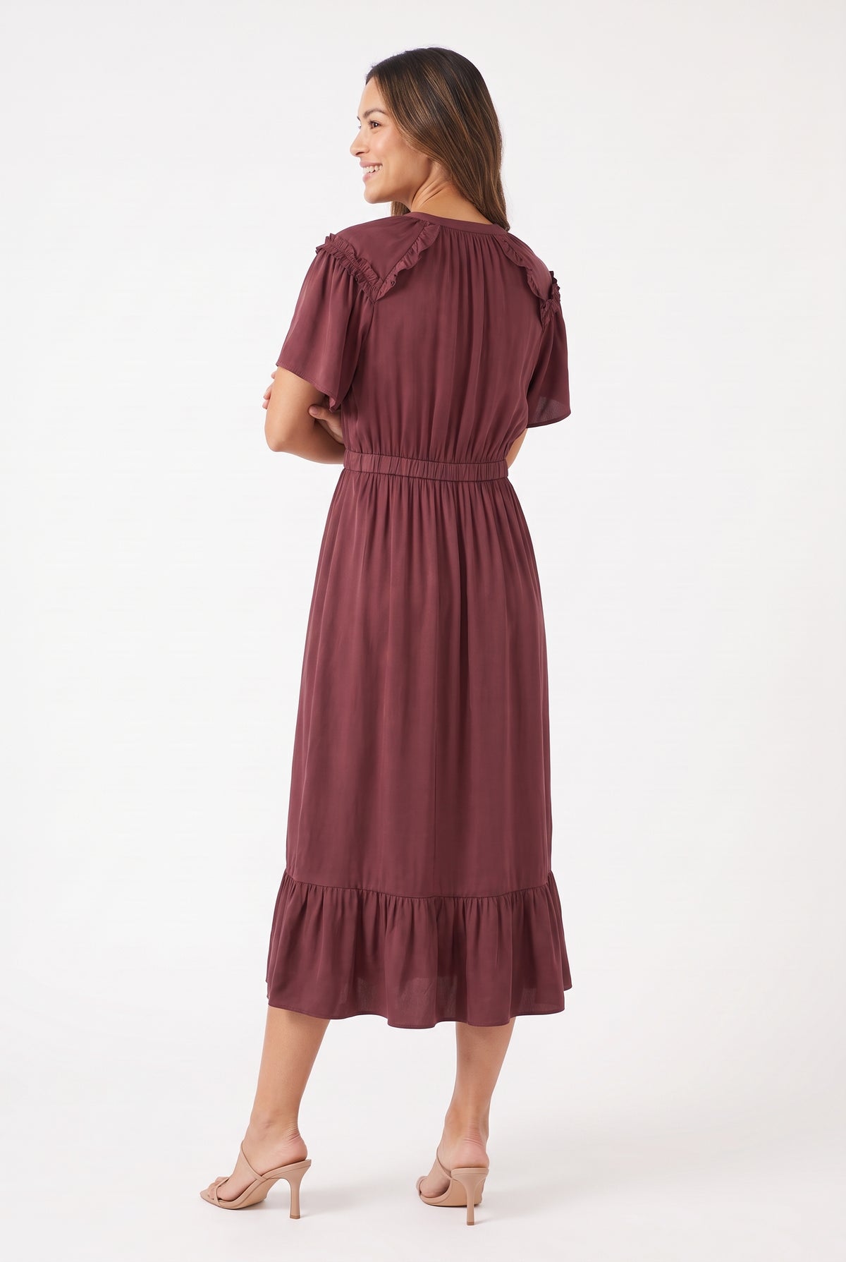 Women's Figueroa & Flower Embroidered V-Neck Midi Dress with Ruffle Hem
