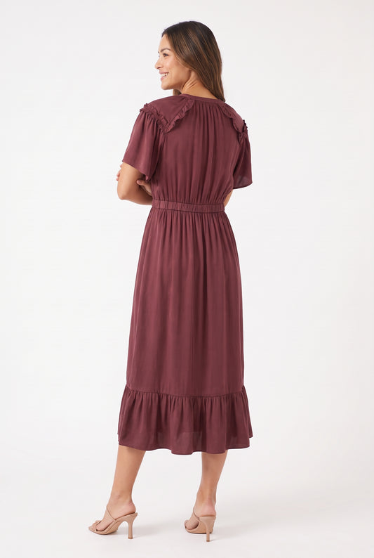 Women's Figueroa & Flower Embroidered V-Neck Midi Dress with Ruffle Hem