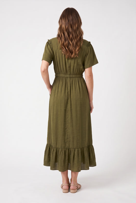 Women's Figueroa & Flower Embroidered V-Neck Midi Dress with Ruffle Hem