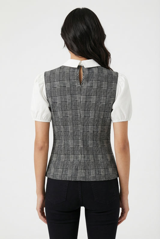 Women's As U Wish Polished Puff Sleeve Plaid Top