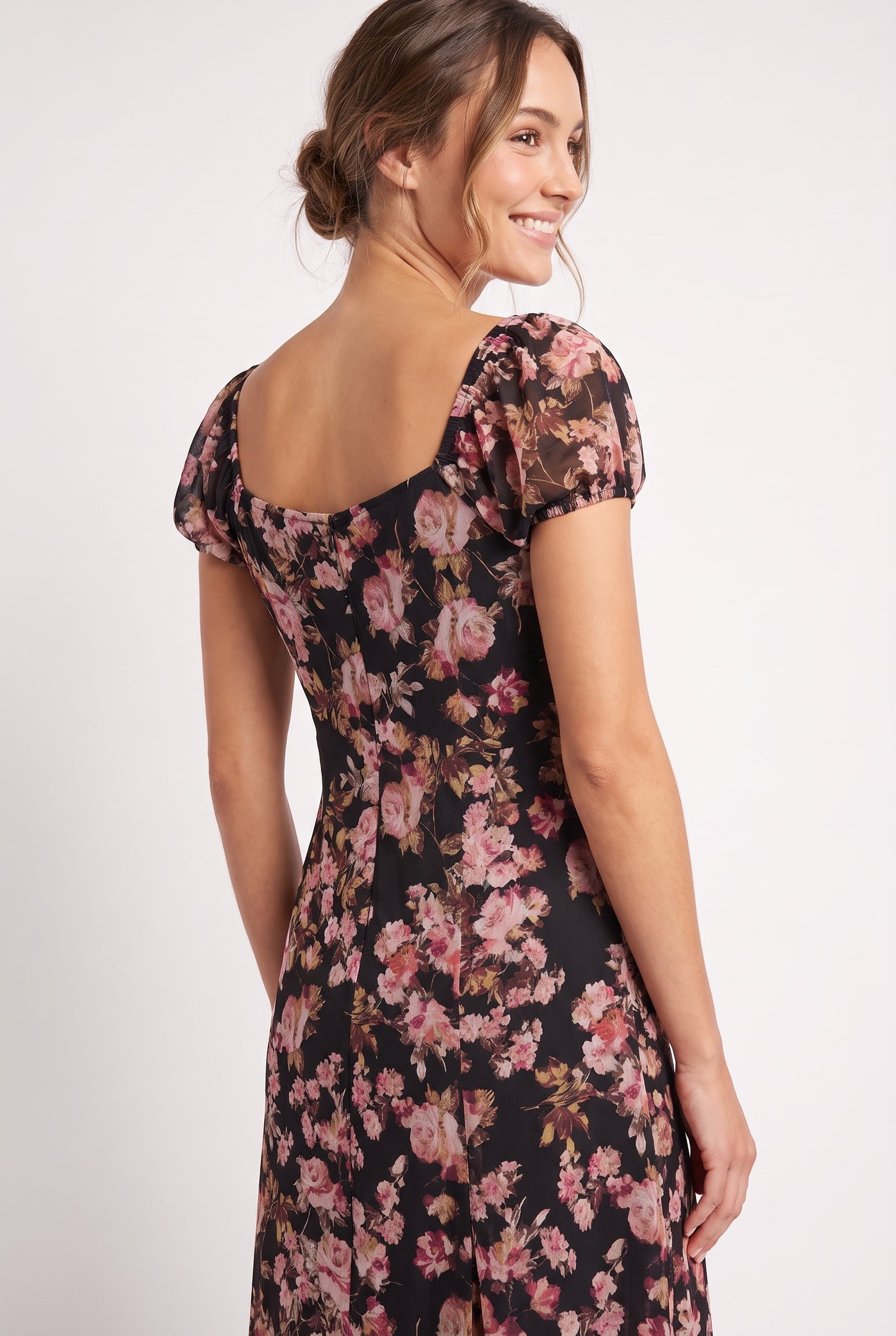 Women's As U Wish Floral Puff Sleeve Midi Dress with Tie Front