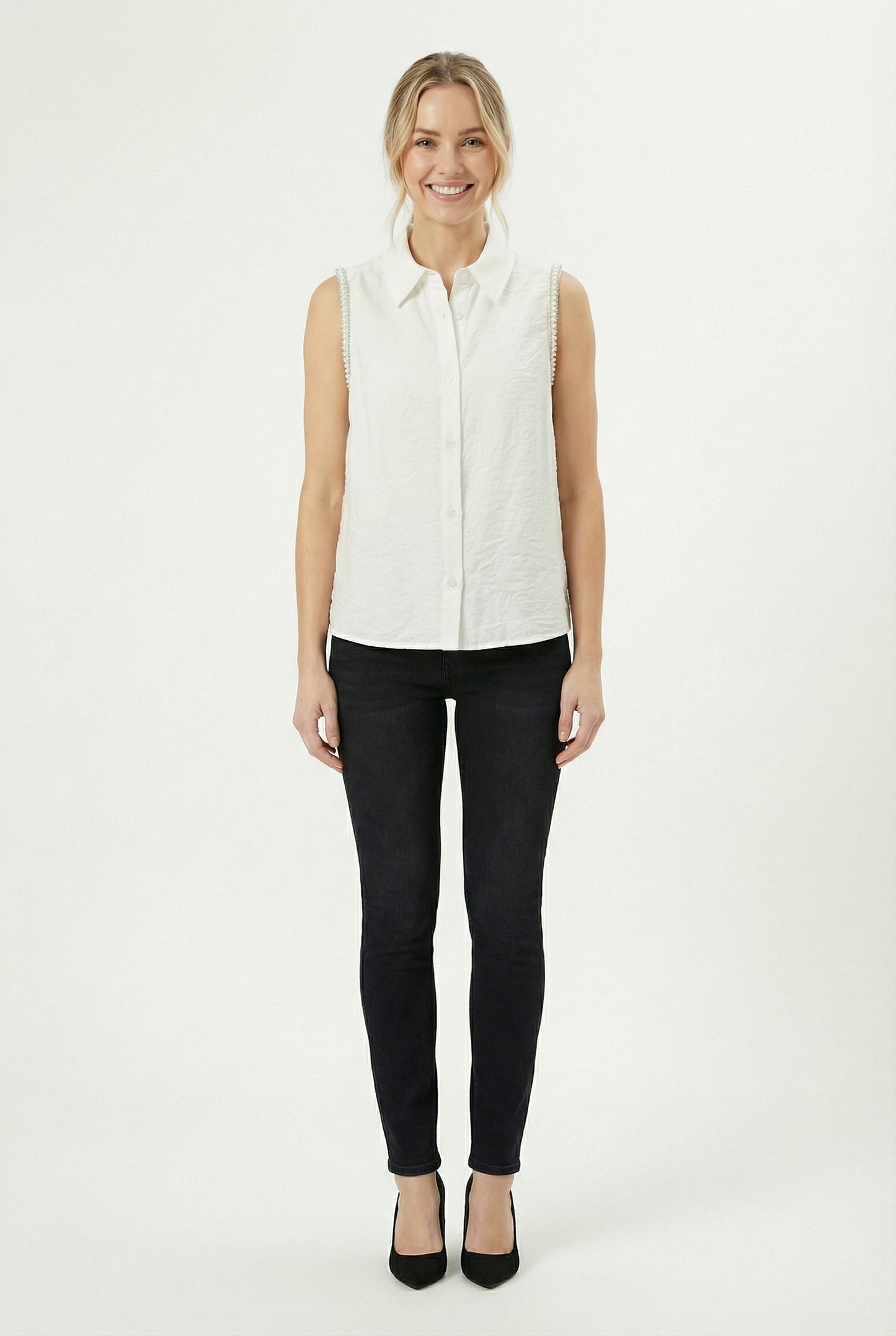 Women's Love & Piece Sleeveless Button-Down Top with Bead Trim