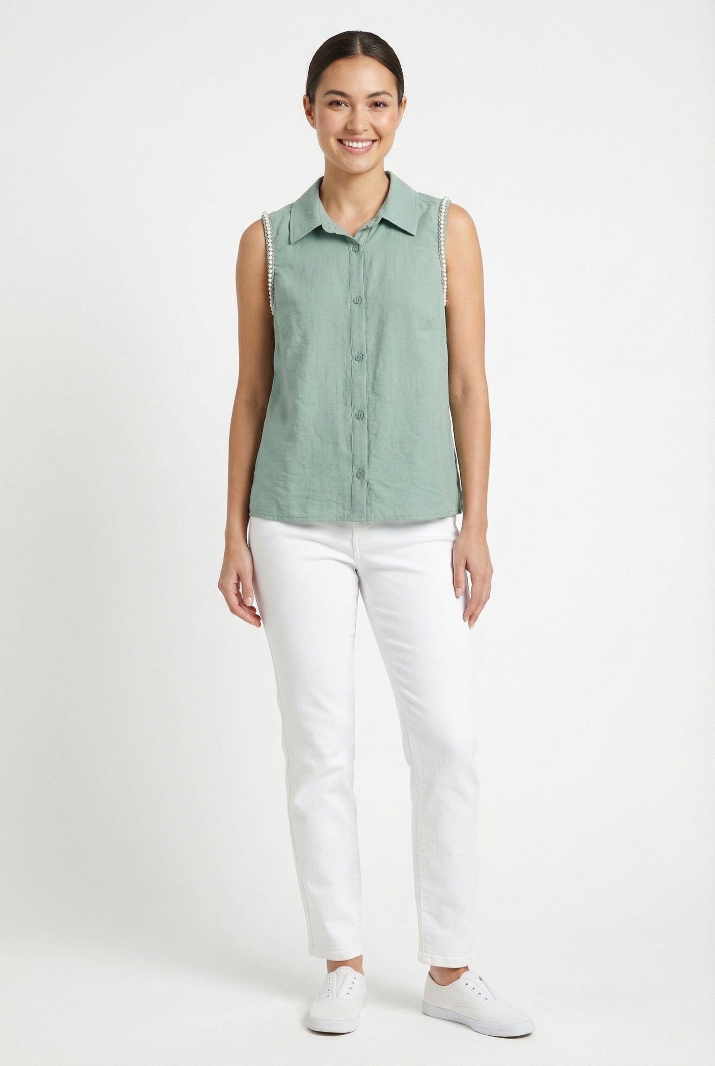 Women's Love & Piece Sleeveless Button-Down Top with Bead Trim