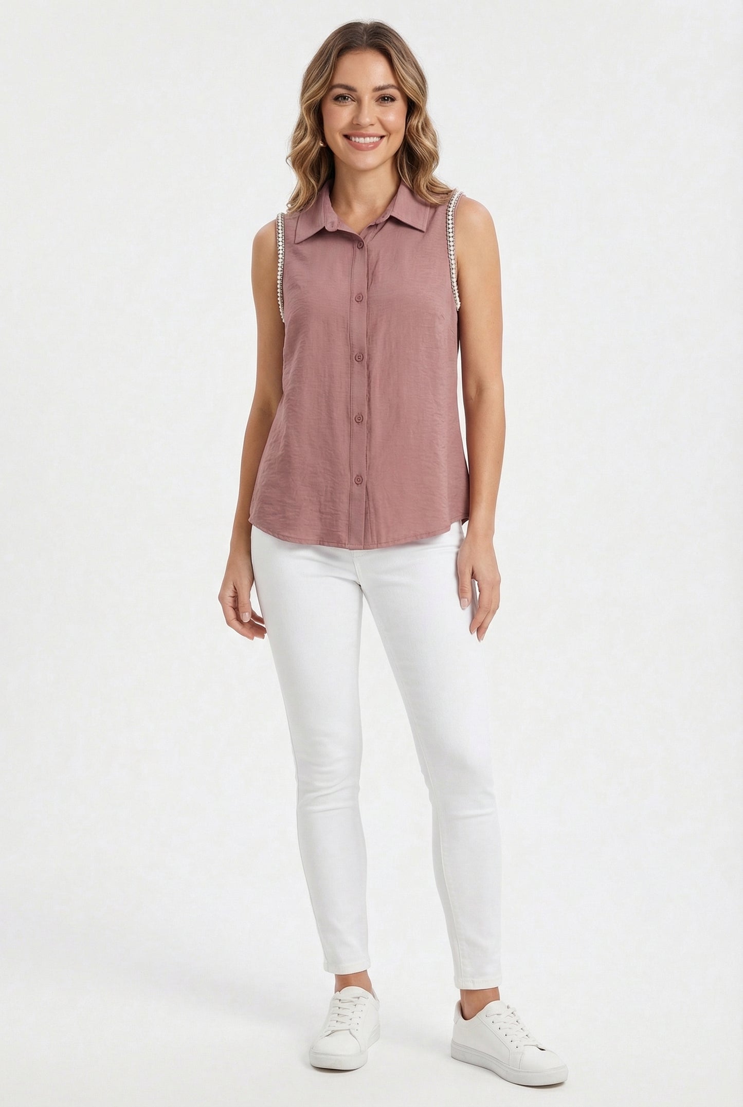 Women's Love & Piece Sleeveless Button-Down Top with Bead Trim