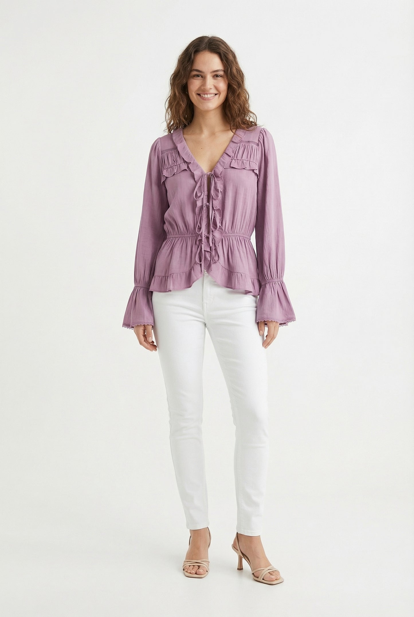 Women's June & Hudson Long-Sleeve Tie-Front Ruffle Blouse