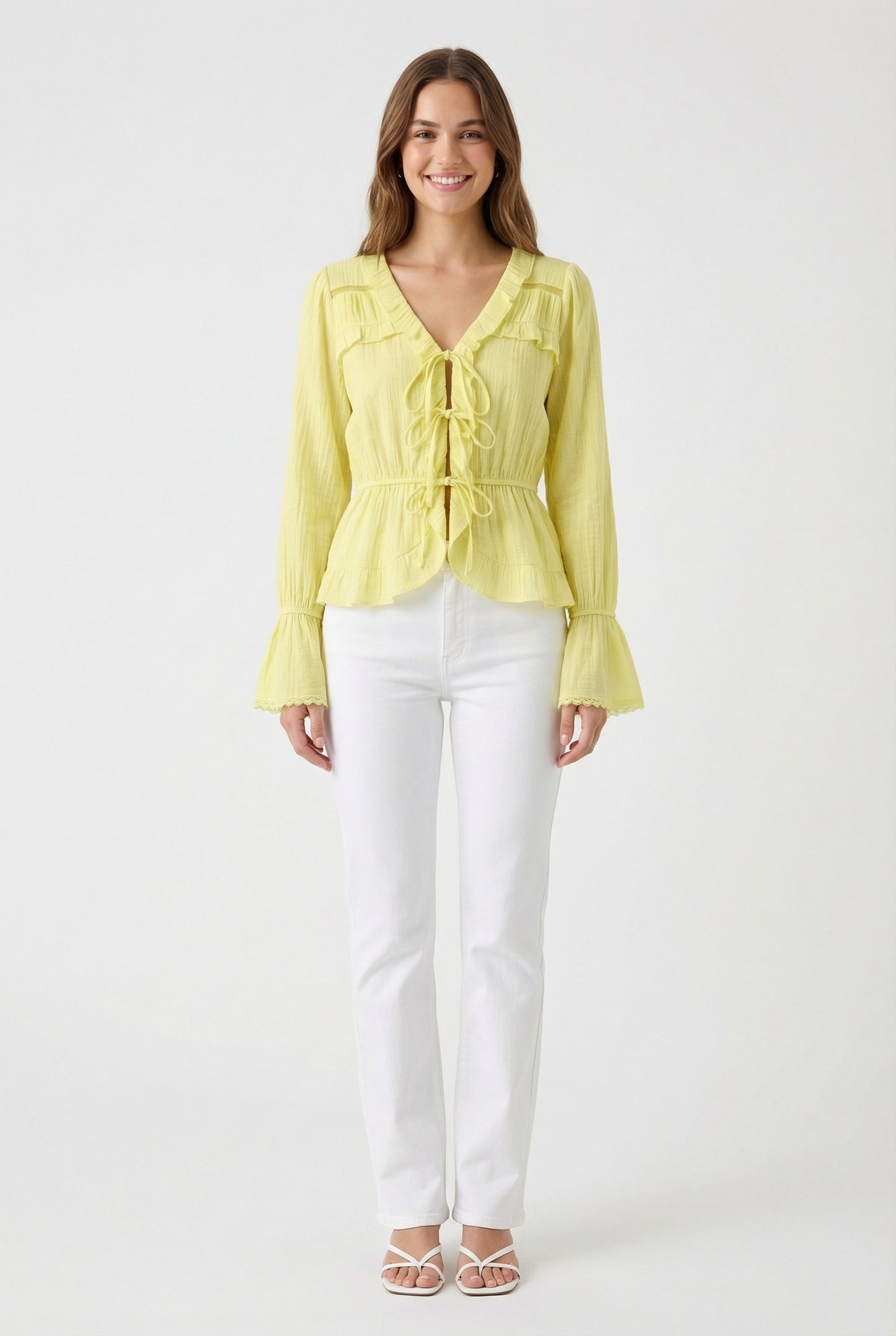 Women's June & Hudson Long-Sleeve Tie-Front Ruffle Blouse