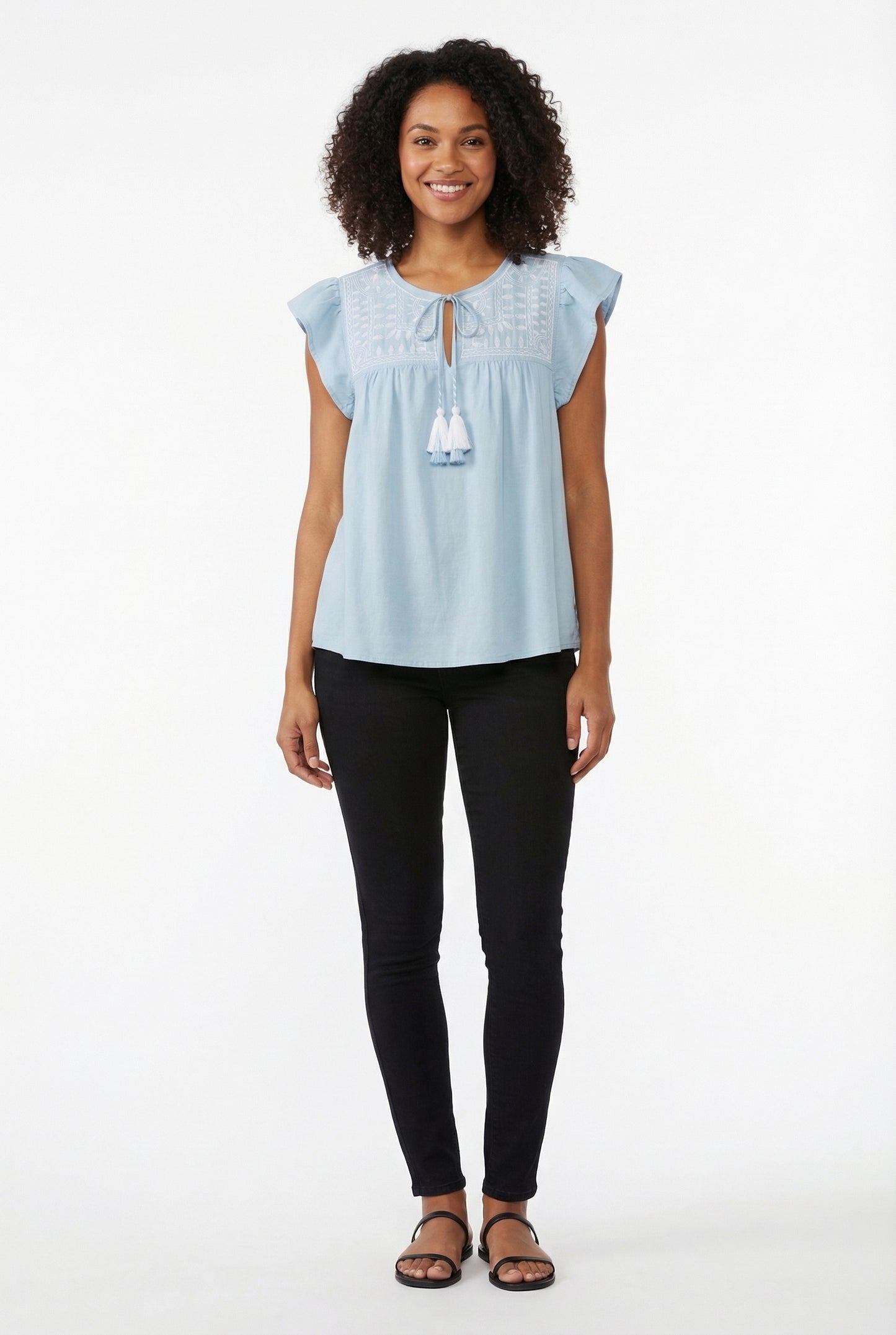 Women's June & Hudson Ruffle Sleeve Embroidered Top
