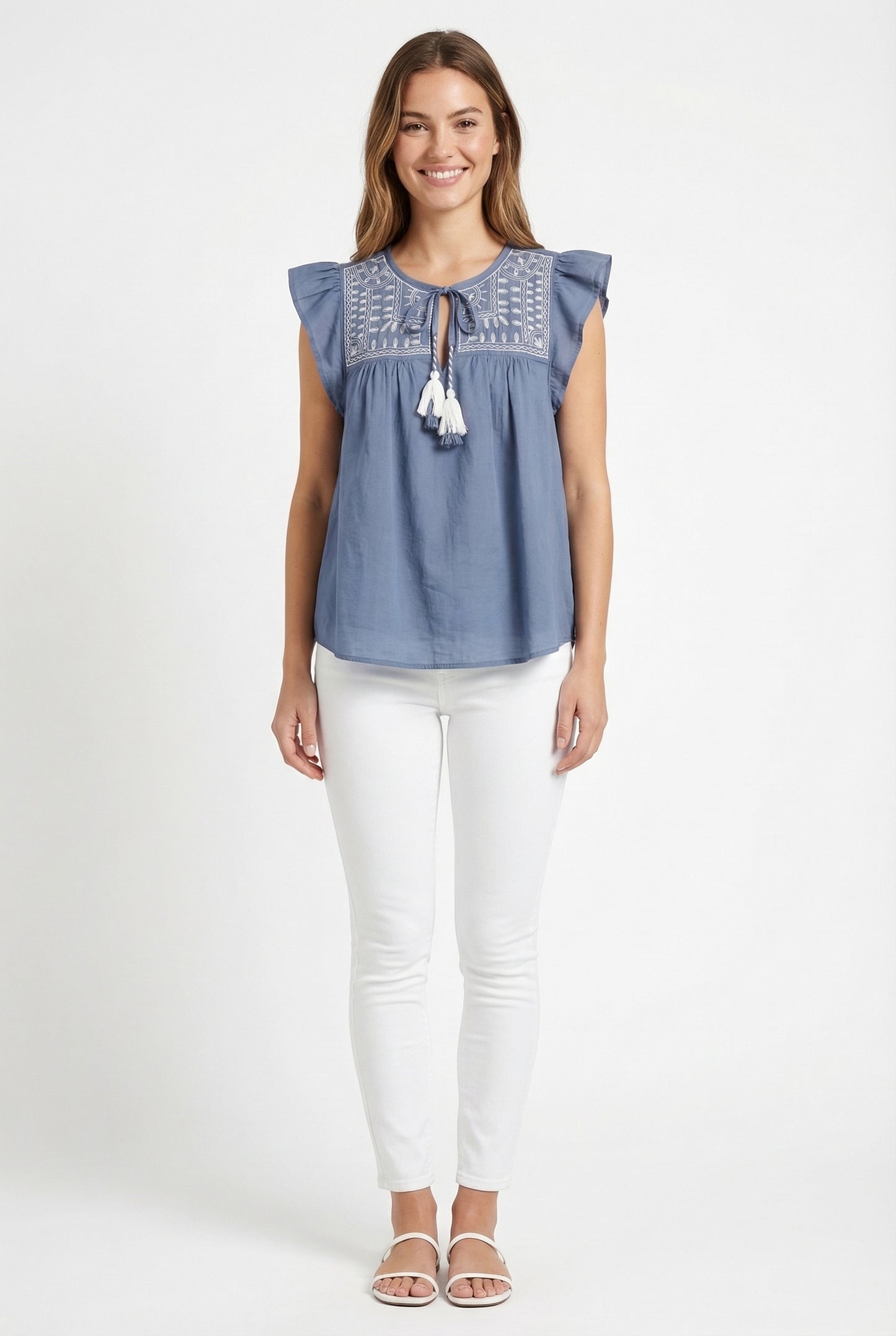 Women's June & Hudson Ruffle Sleeve Embroidered Top