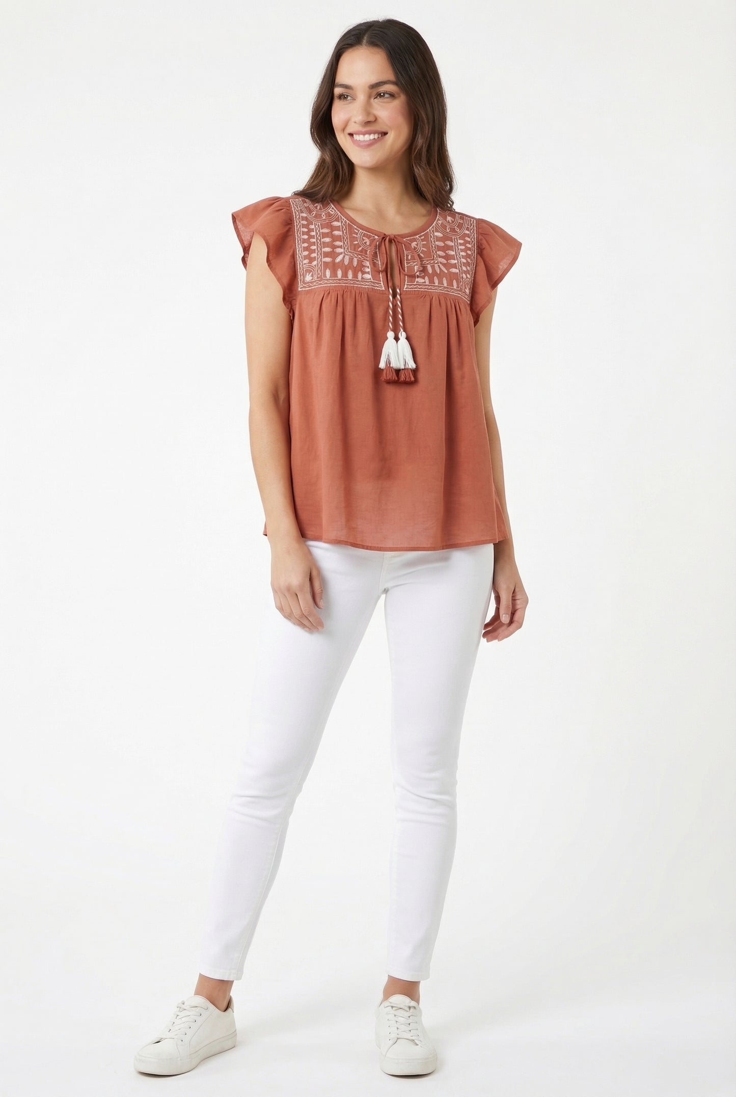 Women's June & Hudson Ruffle Sleeve Embroidered Top